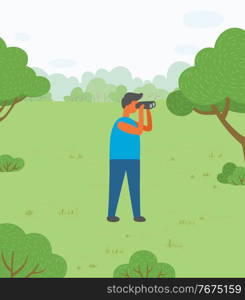 Man on nature vector, male character exploring environment with help of binoculars. Watching natural landscapes, forest or park with trees and bushes, flora illustration in flat style design for web. Man Looking Through Binoculars at Nature Vector