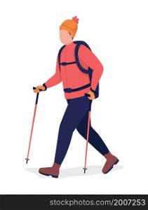 Man on nordic walk semi flat color vector character. Posing figure. Full body person on white. Outdoor recreation isolated modern cartoon style illustration for graphic design and animation. Man on nordic walk semi flat color vector character