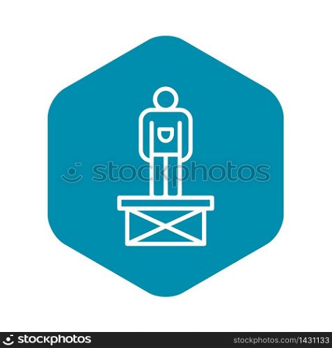 Man on scissors platform icon. Outline illustration of man on scissors platform vector icon for web design isolated on white background. Man on scissors platform icon, outline style
