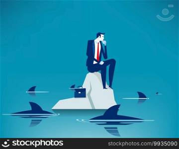 Man on sea surrounded by sharks. Concept business anxiety vector illustration, Trapped