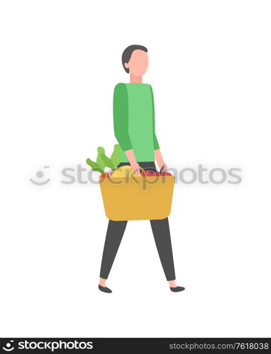 Man on shopping buying products isolated cartoon character. Vector male with bag or baskets full of grocery food, vegetables and greens, flat style. Man on Shopping Buying Products isolated Character