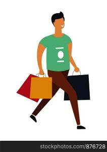 Man on shopping walks with full paper packages. Guy carries bags with goods and clothes. Male character in T-shirt and pants with purchases from boutiques and shops isolated vector illustration.. Man on shopping walks with full paper packages