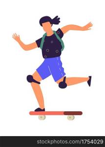 Man on skateboard. Cartoon teenager riding board. Isolated boy speeding on longboard. Extreme urban street sport. Young skateboarder in cozy casual clothes and knee pads. Vector minimal illustration. Man on skateboard. Cartoon teenager riding board. Boy speeding on longboard. Extreme urban sport. Young skateboarder in cozy casual clothes and knee pads. Vector minimal illustration
