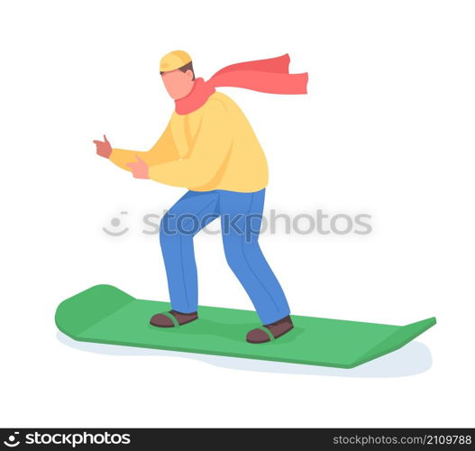 Man on snowboard semi flat color vector character. Athletic figure. Full body person on white. Winter activity isolated modern cartoon style illustration for graphic design and animation. Man on snowboard semi flat color vector character