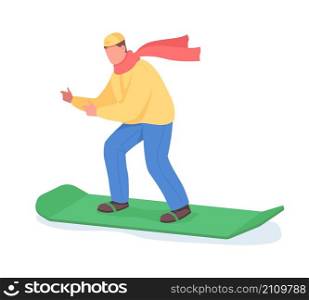 Man on snowboard semi flat color vector character. Athletic figure. Full body person on white. Winter activity isolated modern cartoon style illustration for graphic design and animation. Man on snowboard semi flat color vector character