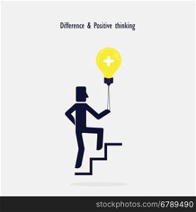 Man on Stairs going up and creative light bulb symbol.Positive thinking and difference concept, business idea. Vector illustration