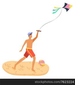 Man on summer beach having fun with kite, isolated cartoon person with flying wind toy isolated. Vector sand and ball, guy father or boy in hat playing with air toy. Summertime activity. Man on Beach Having Fun with Kite, Isolated Person