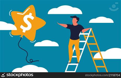Man on the stairs catches a balloon with a dollar. Ladder business and ambition start up people vector cartoon illustration concept. Freedom strategy vision and finance climb growth. Investor work