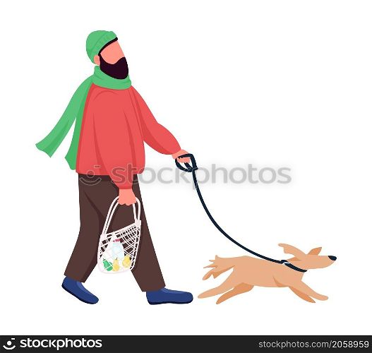 Man on walk with dog semi flat color vector character. Dynamic figure. Full body person on white. Outdoor isolated modern cartoon style illustration for graphic design and animation. Man on walk with dog semi flat color vector character