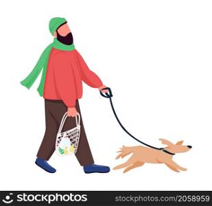Man on walk with dog semi flat color vector character. Dynamic figure. Full body person on white. Outdoor isolated modern cartoon style illustration for graphic design and animation. Man on walk with dog semi flat color vector character