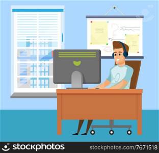 Man on workplace, portrait view of smiling employee in headset working with computer, monitor of pc on desktop, window and board decoration vector. Male Using Computer, Office Place, Worker Vector