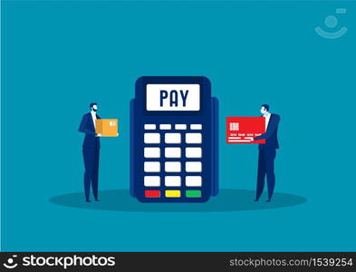 Man Online Payment Concept. Payment terminal transaction. Pay by card.vector