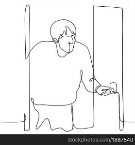 man opened the door and looks in. one line drawing concept to enter carefully, check, ask for a visit, visit, stand in the doorway