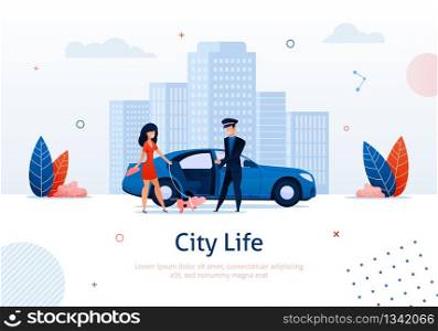 Man Opening Door of Car for Woman with Dog on Cityscape Background Banner Vector Illustration. Luxury Service for Transportation around Town. Rich Person Travelling with Animal on Leash.. Man Opening Door of Car for Woman with Dog Banner.