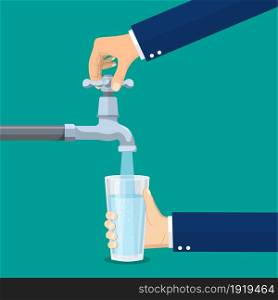 Man opens a water tap with his hand holding a glass. Kitchen faucet. Glass of clean water. Filling cup beverage. Pouring fresh drink. Vector illustration in flat style. Man opens a water tap