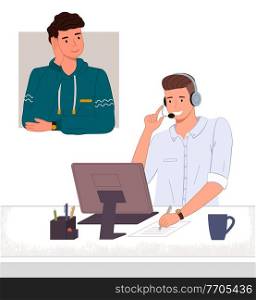 Man operator of call center or hotline. Smiling consultant with headset and computer talking with customer. Client listening manager. Video conference meeting. Manager of tech support working. Operator of call center or hotline talking with customer, client listening manager with headset