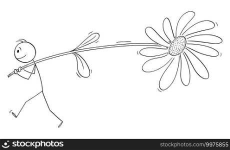 Man or lover carrying big flower to his love, Valentine concept , vector cartoon stick figure or character illustration.. Man or Lower Carrying Big Flower, Love or Valentine Concept , Vector Cartoon Stick Figure Illustration