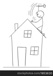 Man or person building or repairing roof of family house , vector cartoon stick figure or character illustration.. Person Repairing or building Roof of Family House, Vector Cartoon Stick Figure Illustration