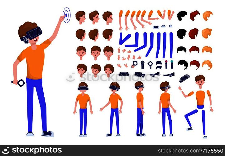 Man or teenager boy in Virtual Reality headset or VR helmet. Cartoon character creation set, constructor. Different views and projections, emotions, postures and gestures. Vector flat infographic. character VR concept