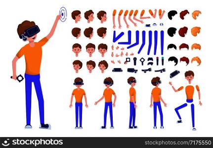 Man or teenager boy in Virtual Reality headset or VR helmet. Cartoon character creation set, constructor. Different views and projections, emotions, postures and gestures. Vector flat infographic. character VR concept