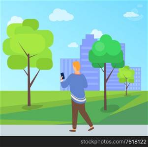 Man or woman character walking in city park, person holding phone, back view of human in casual clothes, buildings and trees, cloudy sky, leisure vector. Person Walking in Park with Phone, Leisure Vector