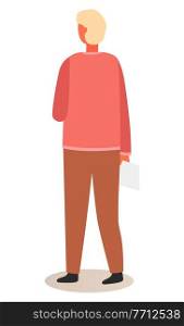 Man or woman in pink sweater and light brown trousers, with a short blond haircut, is standing with a white tablet or folder in his hands. Person back view. Flat vector illustration of human figure. Character back view, stands with a tablet or folder in his hands. Flat vector illustration