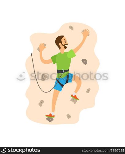 Man overhanging on wall, person climbing, extreme sport, back view of sportman in casual clothes, helmet and insurance, dangerous hiking postcard vector. hiking or Overhanging on Wall, Climbing Vector