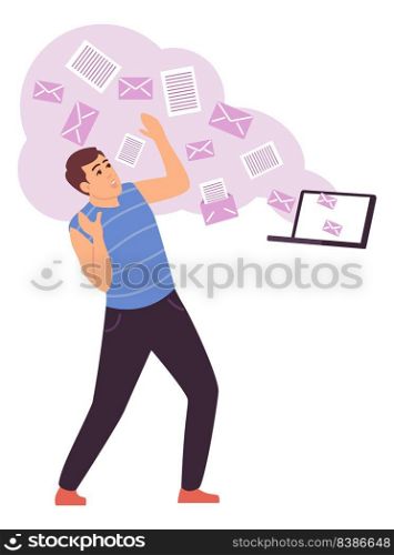 Man overwhelm with information stream from laptop. Sensory overload concept isolated on white background. Man overwhelm with information stream from laptop. Sensory overload concept