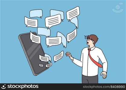 Man overwhelmed with email notification emails and messages on cellphone. Anxious male bothered with spam on smartphone. Flat vector illustration.. Man overwhelmed with email notification on cellular