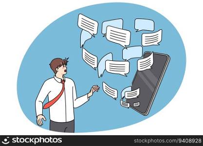 Man overwhelmed with email notification emails and messages on cellphone. Anxious male bothered with spam on smartphone. Flat vector illustration.. Man overwhelmed with email notification on cellular