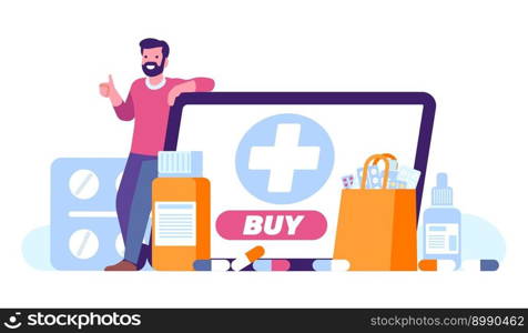 Man paid for medication online. Pharmacy home delivery service. Internet drug shop. Pills for illness treatment. Laptop and remedy purchase bag. Drugstore web order. Digital payment. Vector concept. Man paid for medication online. Pharmacy home delivery service. Internet drug shop. Pills for illness treatment. Laptop and remedy purchase bag. Drugstore web order. Vector concept