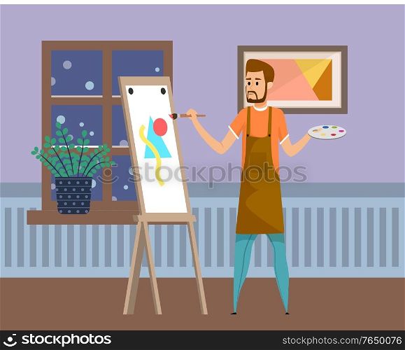 Man painter drawing indoor, male holding paint brush and palette, sketching on canvas. Artist in apron painting at home, dark view from window vector. Artist Man, Sketching on Canvas, Picture Vector