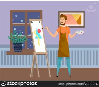 Man painter drawing indoor, male holding paint brush and palette, sketching on canvas. Artist in apron painting at home, dark view from window vector. Artist Man, Sketching on Canvas, Picture Vector