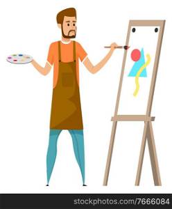 Man painting picture by watercolor paints isolated cartoon character. Vector guy painting on canvas at tripod, person artist in apron, bearded guy and art hobby. Man Painting Picture by Watercolor Paints Isolated