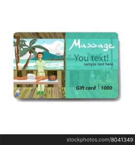 Man pampering herself by enjoying day spa massage on the beach. Sale discount gift card. Branding design for massage salon