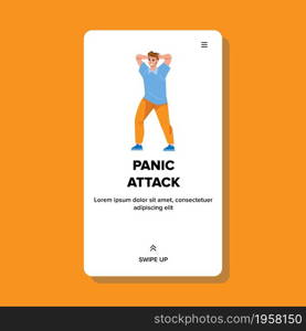 Man Panic Attack In Public Place Outdoor Vector. Young Boy Having Panic Attack, Psychology Health And Emotion Problem. Frightened And Frustrated Character Guy Web Flat Cartoon Illustration. Man Panic Attack In Public Place Outdoor Vector