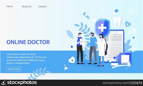 Man Patient with Woman Medic Online Doctor Service Vector Illustration. Physician Consultation Internet Medical Help Search Health Disease Treatment Specialist Find Mobile Application. Man Patient with Woman Medic Online Doctor Service