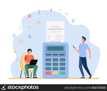 Man paying online and getting sales slip. Receipt, laptop, terminal flat vector illustration. Payment and money transaction concept for banner, website design or landing web page