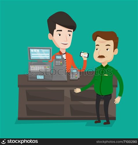 Man paying wireless with his smartphone at the supermarket checkout . Customer making payment for purchase with smartphone. Cashier accepting payment. Vector flat design illustration. Square layout.. Customer paying wireless with smartphone.