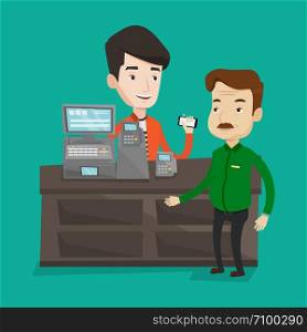 Man paying wireless with his smartphone at the supermarket checkout . Customer making payment for purchase with smartphone. Cashier accepting payment. Vector flat design illustration. Square layout.. Customer paying wireless with smartphone.