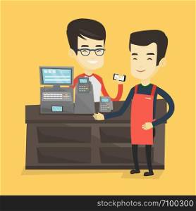 Man paying wireless with his smartphone at the supermarket checkout. Customer making payment for purchase with smartphone. Cashier accepting payment. Vector flat design illustration. Square layout.. Customer paying wireless with smartphone.