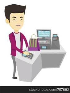 Man paying wireless with smart watch at the checkout counter. Customer making payment for purchase with smart watch. Man doing shopping. Vector flat design illustration isolated on white background.. Man paying wireless with smart watch.