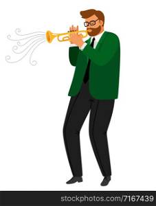 Man performance musical blues, jazz trumpeter practice enjoyment, enthusiastic hobby playing, vector illustration. Man performance musical blues, jazz trumpeter vector