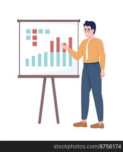 Man performing analytics semi flat color vector character. Editable figure. Full body person on white. Business simple cartoon style illustration for web graphic design and animation. Man performing analytics semi flat color vector character