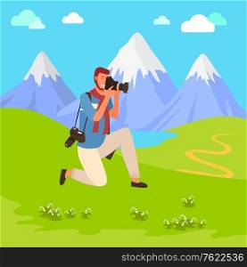 Man photographer shooting nature, landscape view. Photograph character holding camera, focusing and photographing mountains and lake, travel vector. Photographer Shooting Mountains, Photo Vector