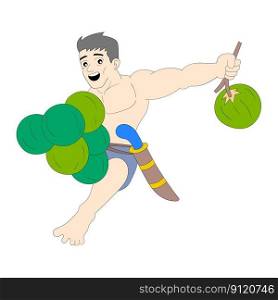 man picking fresh young coconuts. vector design illustration art