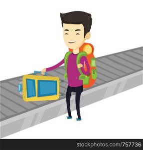 Man picking up suitcase on luggage conveyor belt at airport. Man collecting luggage at conveyor belt. Man taking luggage at conveyor belt. Vector flat design illustration isolated on white background.. Man picking up suitcase on luggage conveyor belt