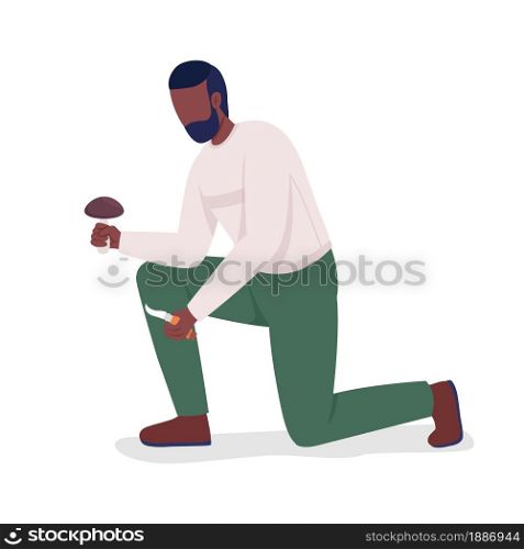 Man picks mushrooms semi flat color vector character. Posing figure. Full body person on white. Autumn activity isolated modern cartoon style illustration for graphic design and animation. Man picks mushrooms semi flat color vector character