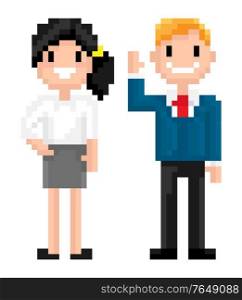 Man pixelated graphics of 8 bit game isolated character of pixel game, mosaic representation, Evropean personages, friends spending time together, for business or education games. Character of Pixel 8 Bit Game, Man and Woman Vector
