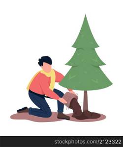 Man planting pine tree semi flat color vector character. Working figure. Full body person on white. Winter activity isolated modern cartoon style illustration for graphic design and animation. Man planting pine tree semi flat color vector character